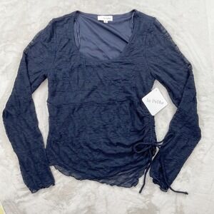 La Peche Navy Blue Ruched Lace Mesh Long Sleeve Top XL NWT